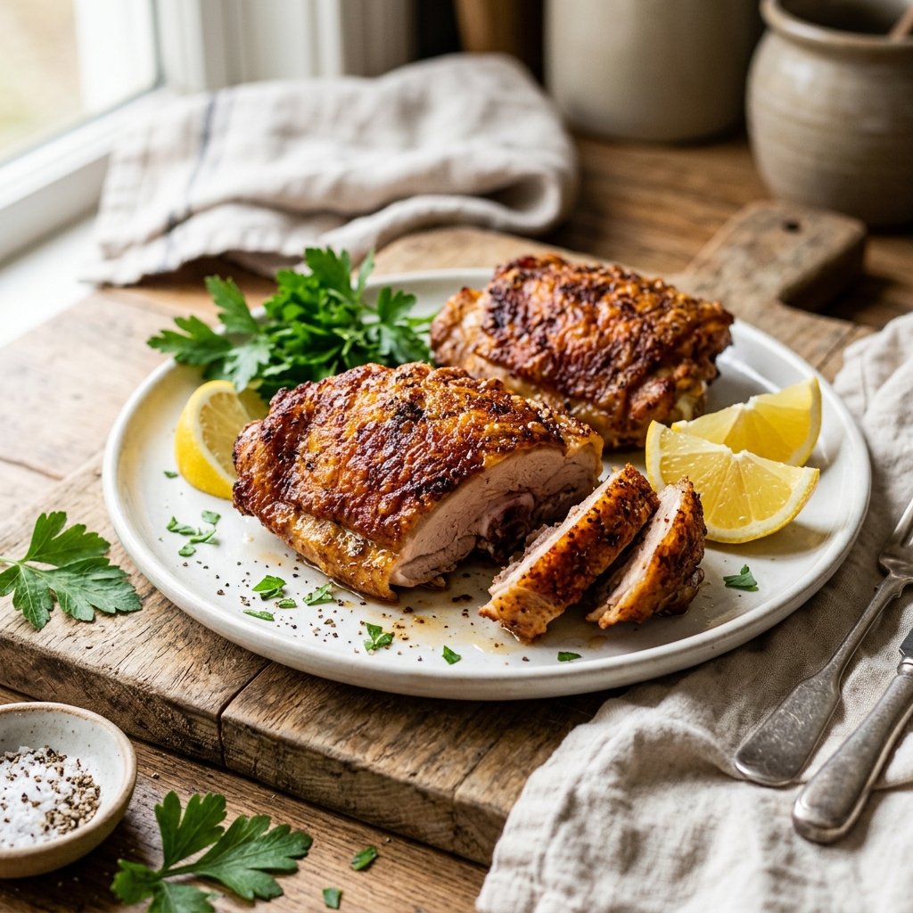 Golden crispy air fryer chicken thighs on a white plate with lemon wedges