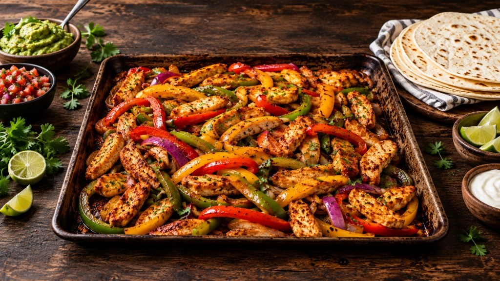 Sheet pan chicken fajitas with colorful bell peppers and red onion on a rustic wooden table